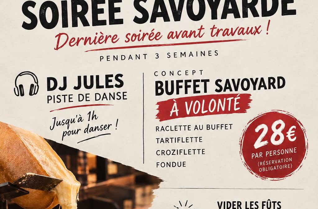 Soirée savoyarde au Marilyn à Vallières-sur-Fier : buffet à volonté et DJ le 10 octobre